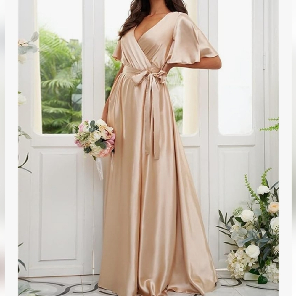 Loyeloy Pleated V Neck Satin Dress w/Short Sleeves & Side Slit Champagne Size 14